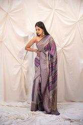 Rangkat Pure Tussar Georgette Banarasi Handloom Silk Saree With Stripe-Patterned Body- Kadhua Boota And Meenakari Border